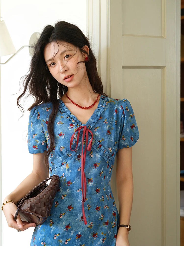 Mishow V-Neck Lace-Up Puff Sleeve Chiffon Dress MXE39L2401