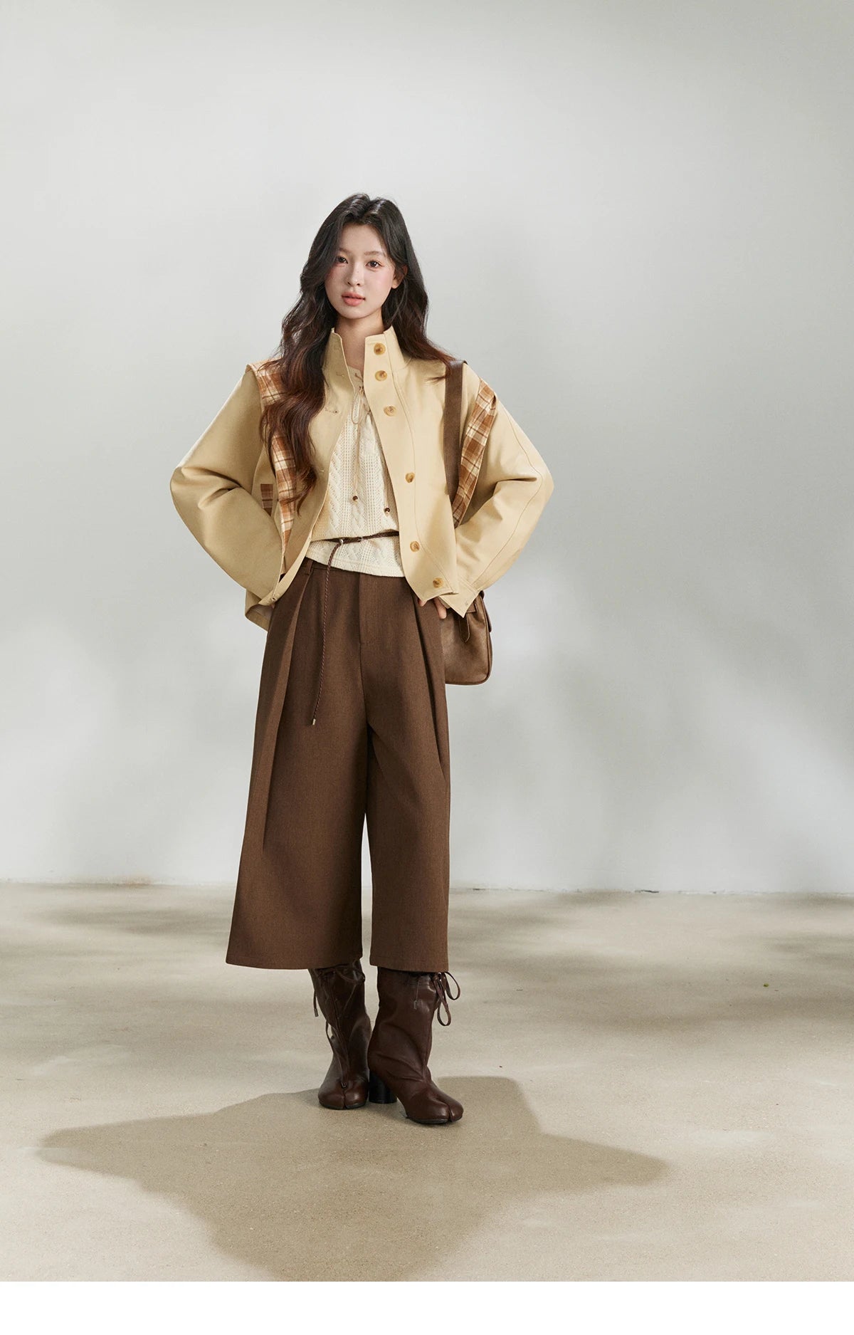 MISHOW Khaki Cropped Trench Coat Lapel Stand Collar MXF108W1003