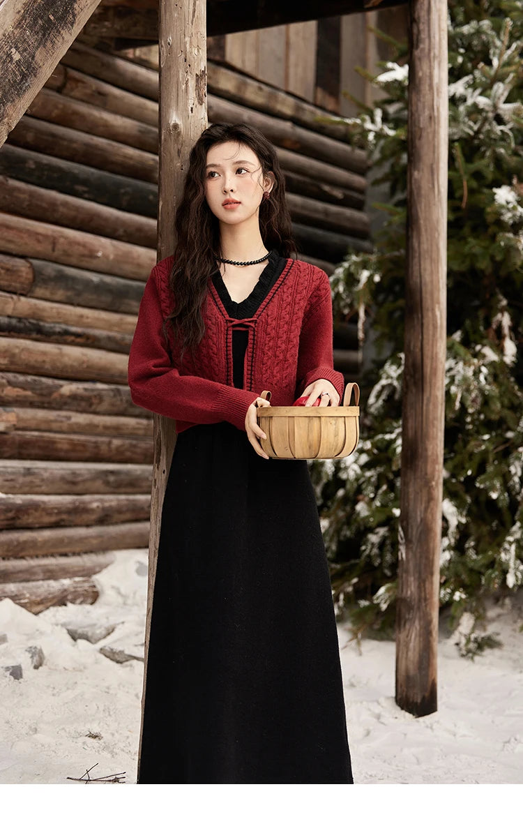 Mishow Red Knitted Cardigan & V-Neck Midi Dress Set MXD58L2085
