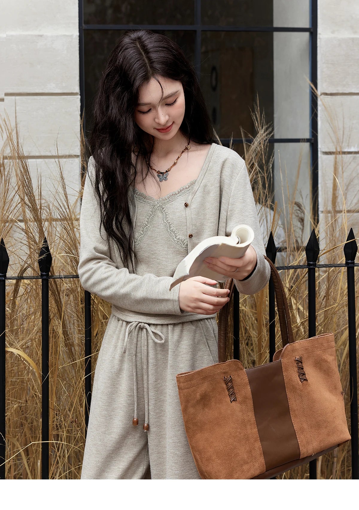 Mishow French Lace Splicing Camisole Cardigan & Straight Pants Set MXD47T0405