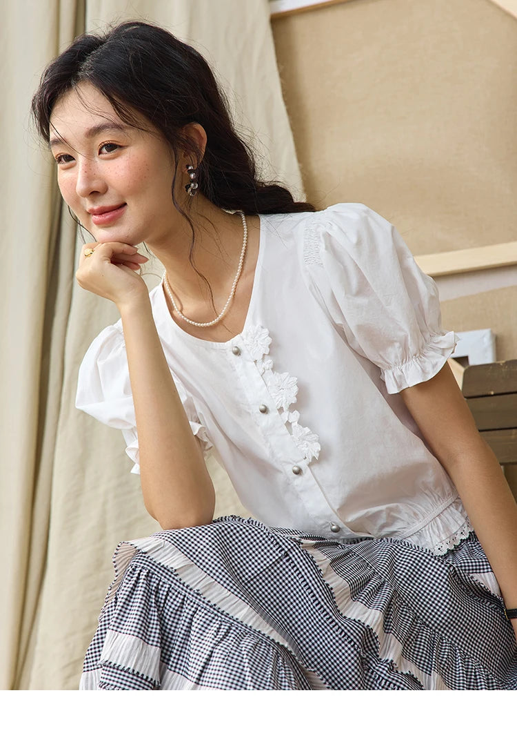 MISHOW Lace Puff Sleeve Shirt Flower Buttons Hem Elastic MXE34X1820