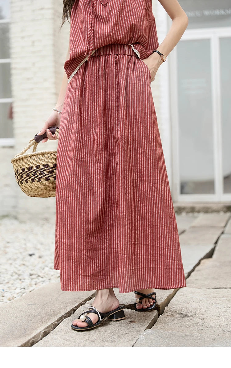 Mishow French Red Stripe Square Neck Tank & Elastic Waist Skirt Set MXD30X1631