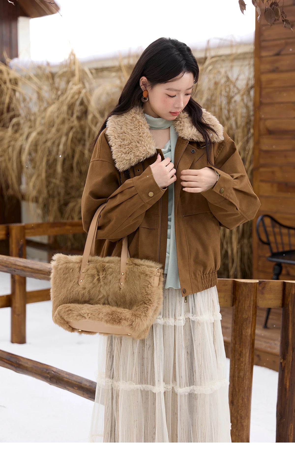 MISHOW Brown Suede Jacket Detachable Fur Collar Zipper MXE51W0876