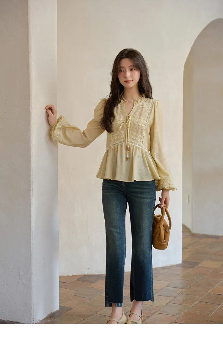 MISHOW French V-Neck Blouse Lace Patchwork Lantern Sleeve MXE41X1925