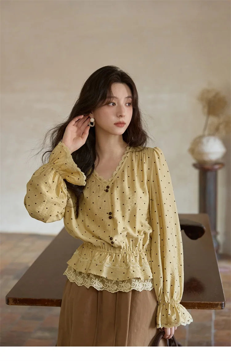 MISHOW Yellow Polka Dot Linen Blouse V-Neck Flare Sleeve MXE42X1975