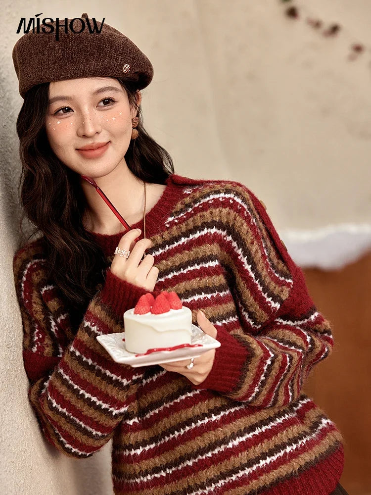 Mishow Christmas Retro Striped Wool Blend Button Sweater MXD59Z1060