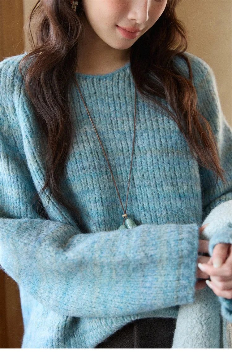 Mishow Blue Loose Crew Neck Long Sleeve Pullover MXE86Z2733