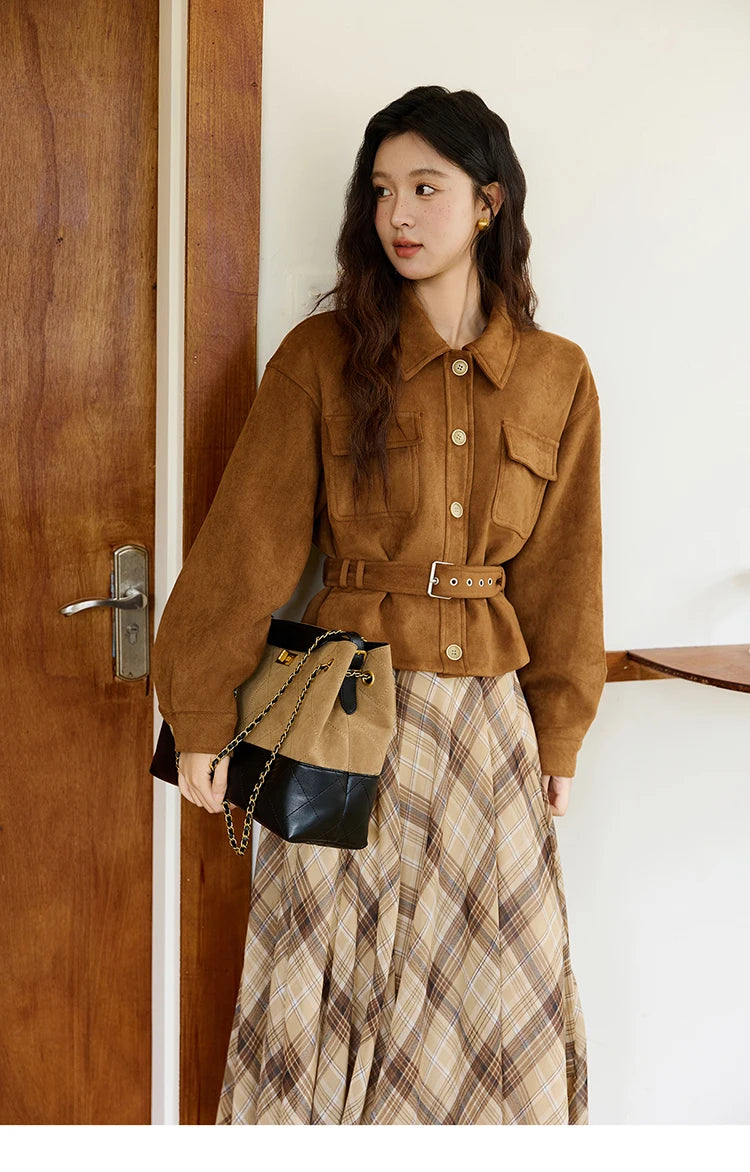 MISHOW Brown Lapel Jacket Metal Button Decorated Windproof MXE46W0864