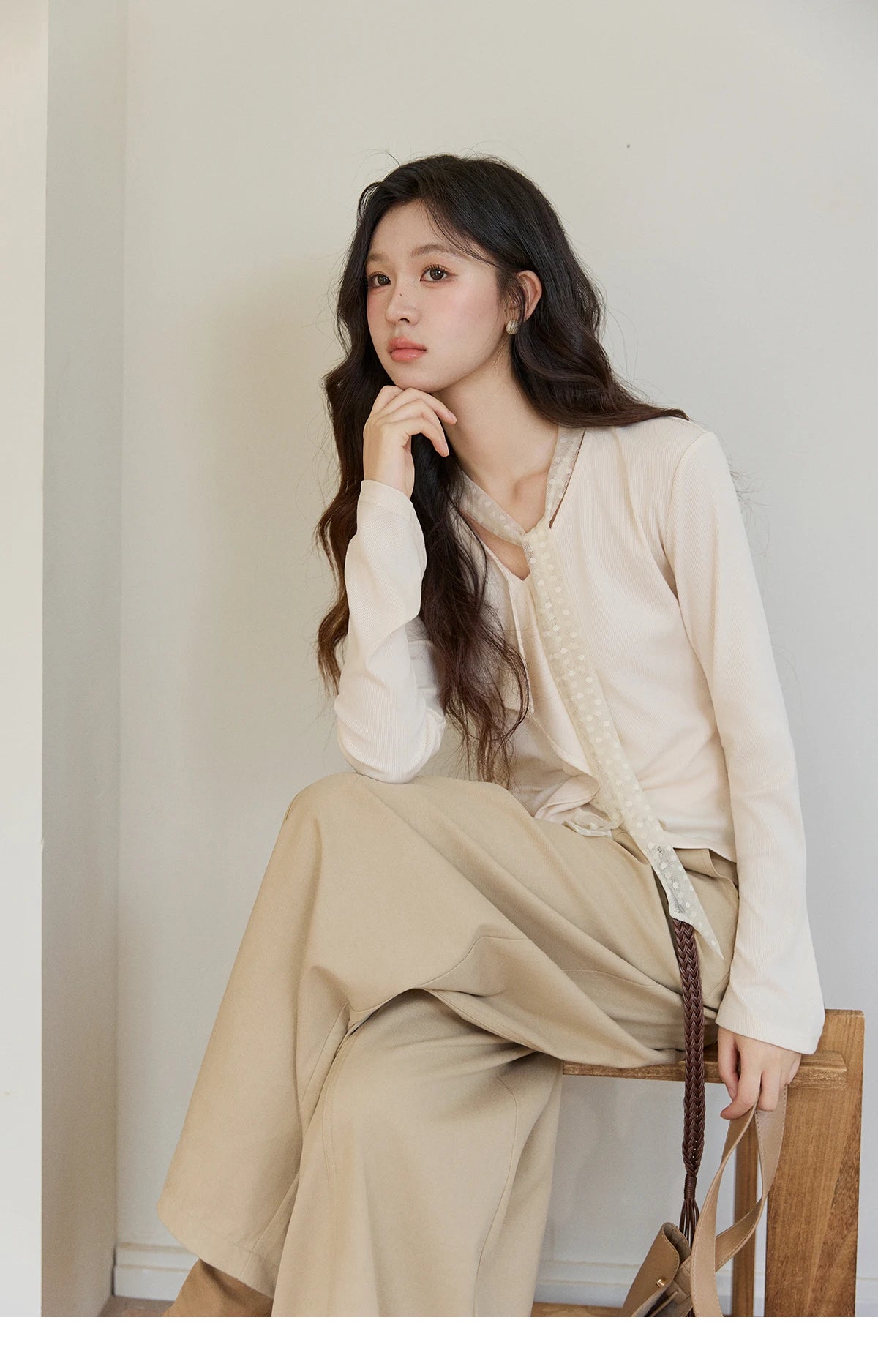 Mishow V-Neck Lace Ribbon Flare Sleeve Top MXF108Z1016