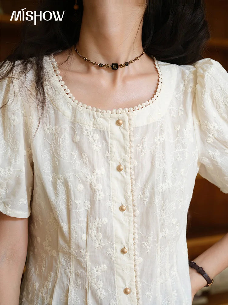 MISHOW Embroidery Cotton Shirt Puff Sleeve Button MXE39X1979