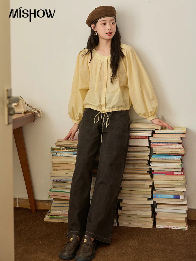 MISHOW Light Yellow Pleated Shirt Drawstring Hem Lantern Sleeve MXE45X2490