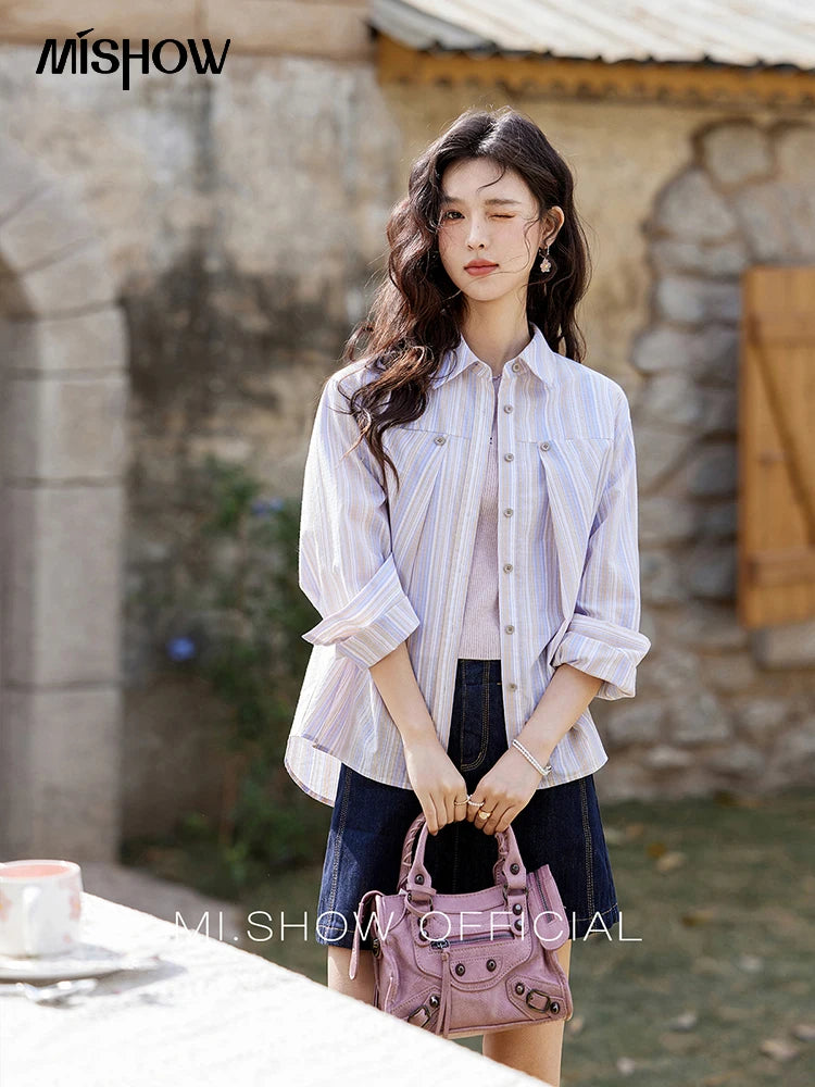 MISHOW Purple Striped Loose Shirt Turn-Down Collar MXE13C0407
