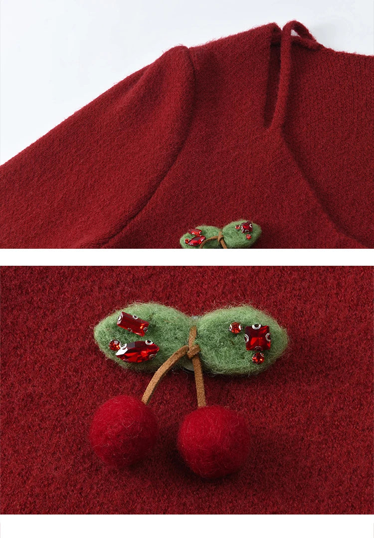 Mishow Red Cherry Ornament Slim V-Neck Cardigan MXD112Z1006