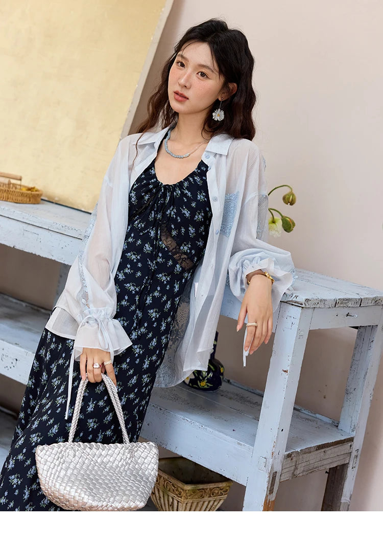 MISHOW Women's Patchwork Lace Shirt Lapel Drop Sleeve Drawstring Cuffs MXE31C0789