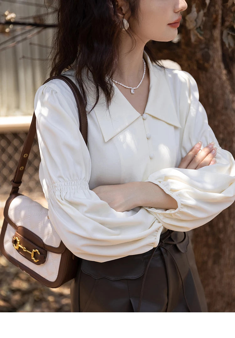 MISHOW Vintage French Lantern Sleeve Blouse Turndown Collar MXB32C0508