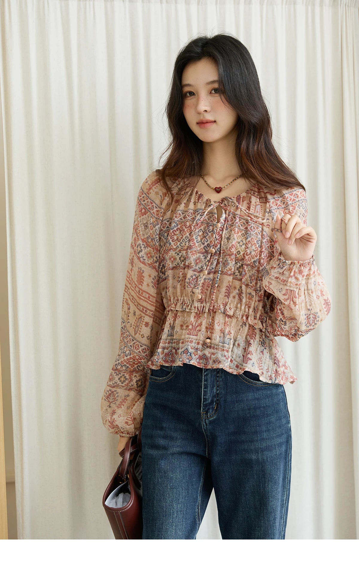 MISHOW National Style Printed Blouse Round Neck Drop Sleeve MXE47X2508