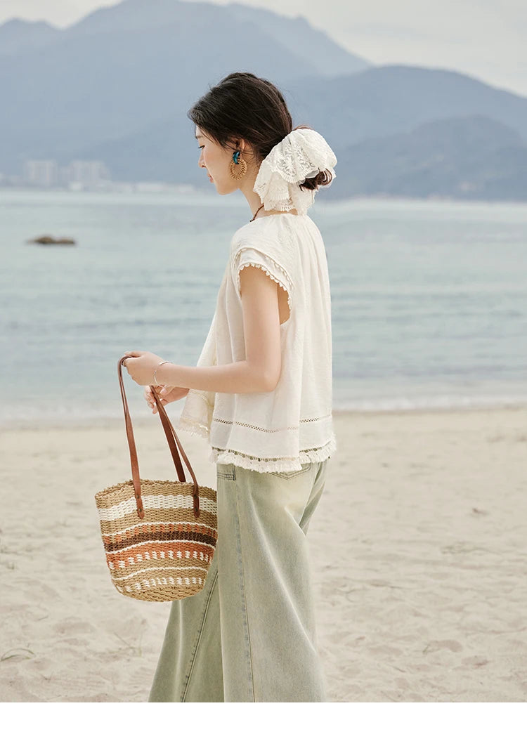 MISHOW Embroidered French Shirt Round Neck Short Sleeve MXE33X1744