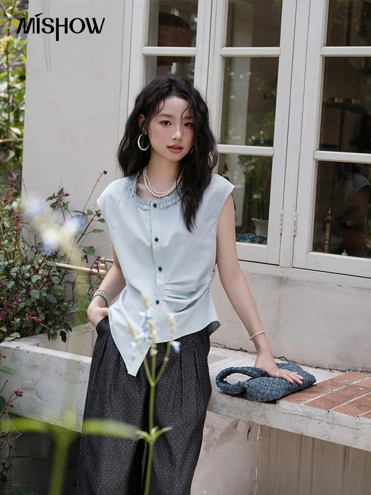 MISHOW Round Neck Sleeveless Shirt Button Front MXE38X1864