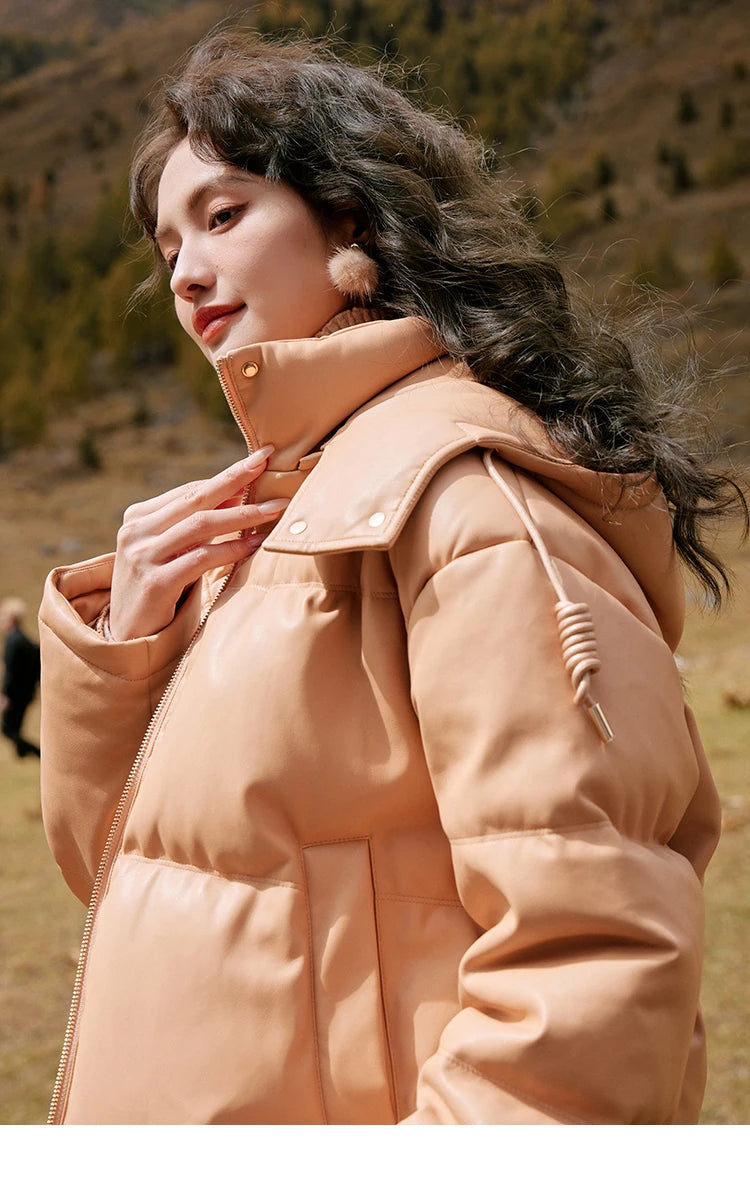 Mishow Hooded Imitation Leather Short Down Jacket MXC52Y0008
