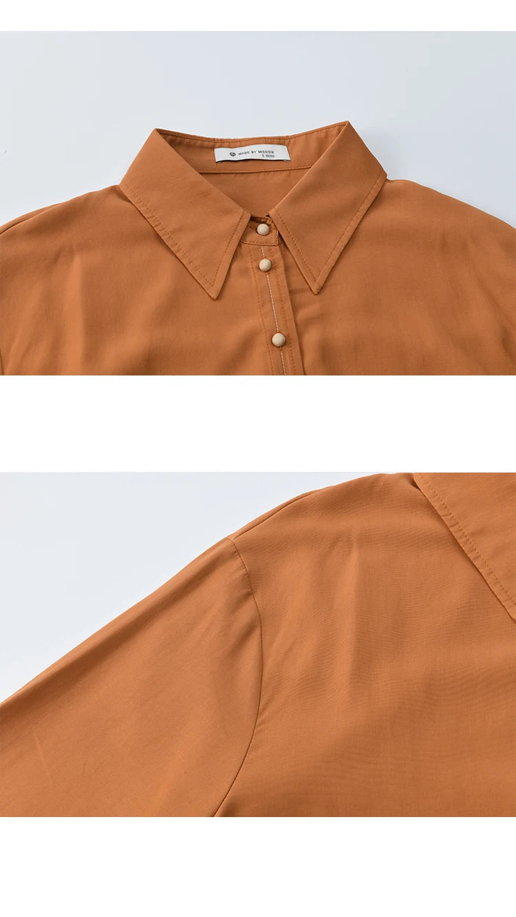 MISHOW Women's Color Block Shirt Pleated Cuffs Lapel Top MXE41C2352