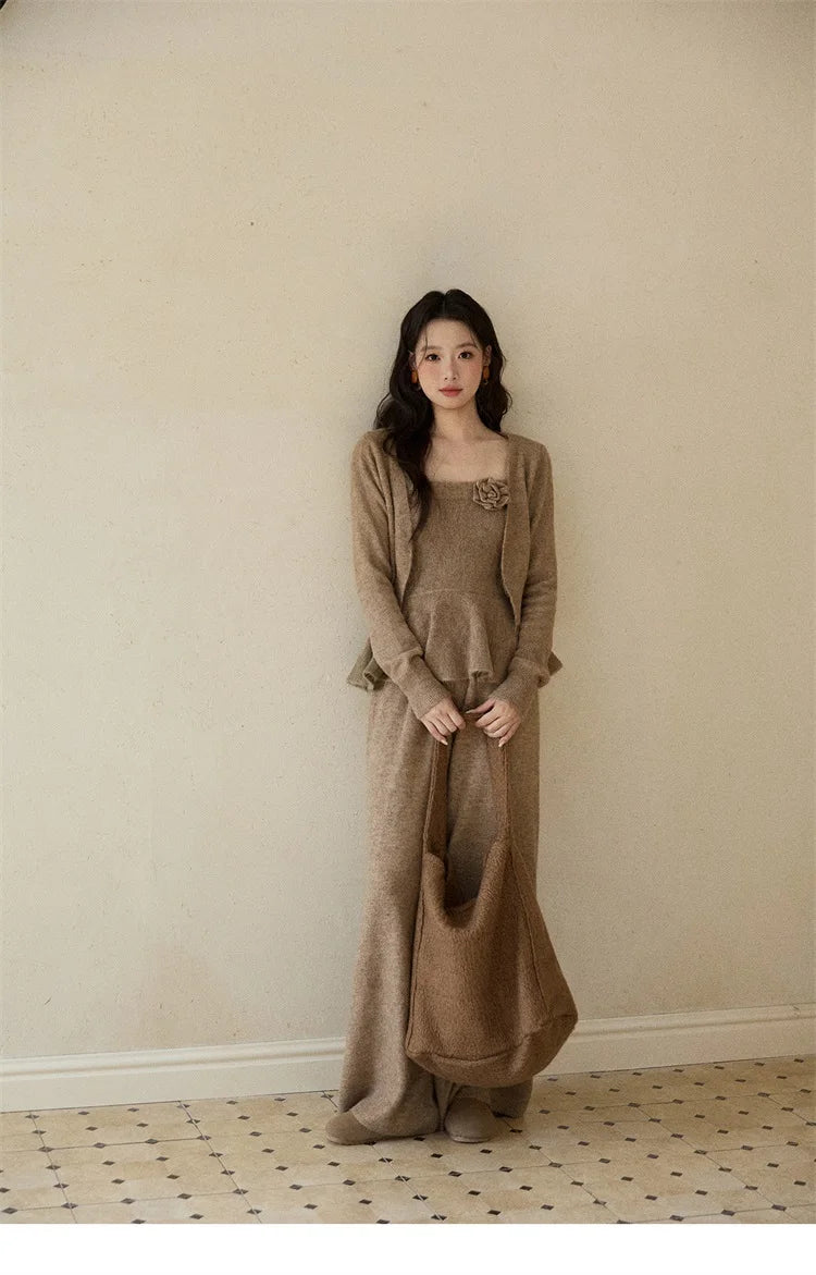 Mishow Khaki Knitted Three-Dimensional Floral Camisole Cardigan & Wide Leg Pants Three-Piece Set MXE87T1449