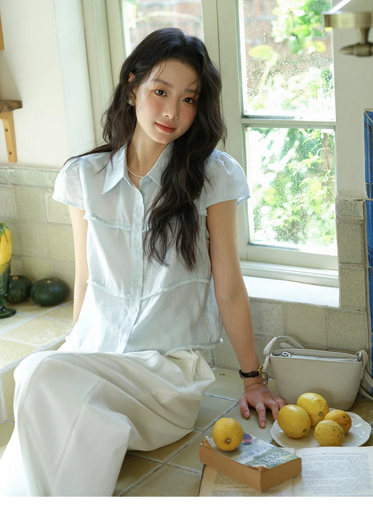 MISHOW Turn-Down Collar Button Shirt Edge Splicing Short Sleeve MXE39C2363