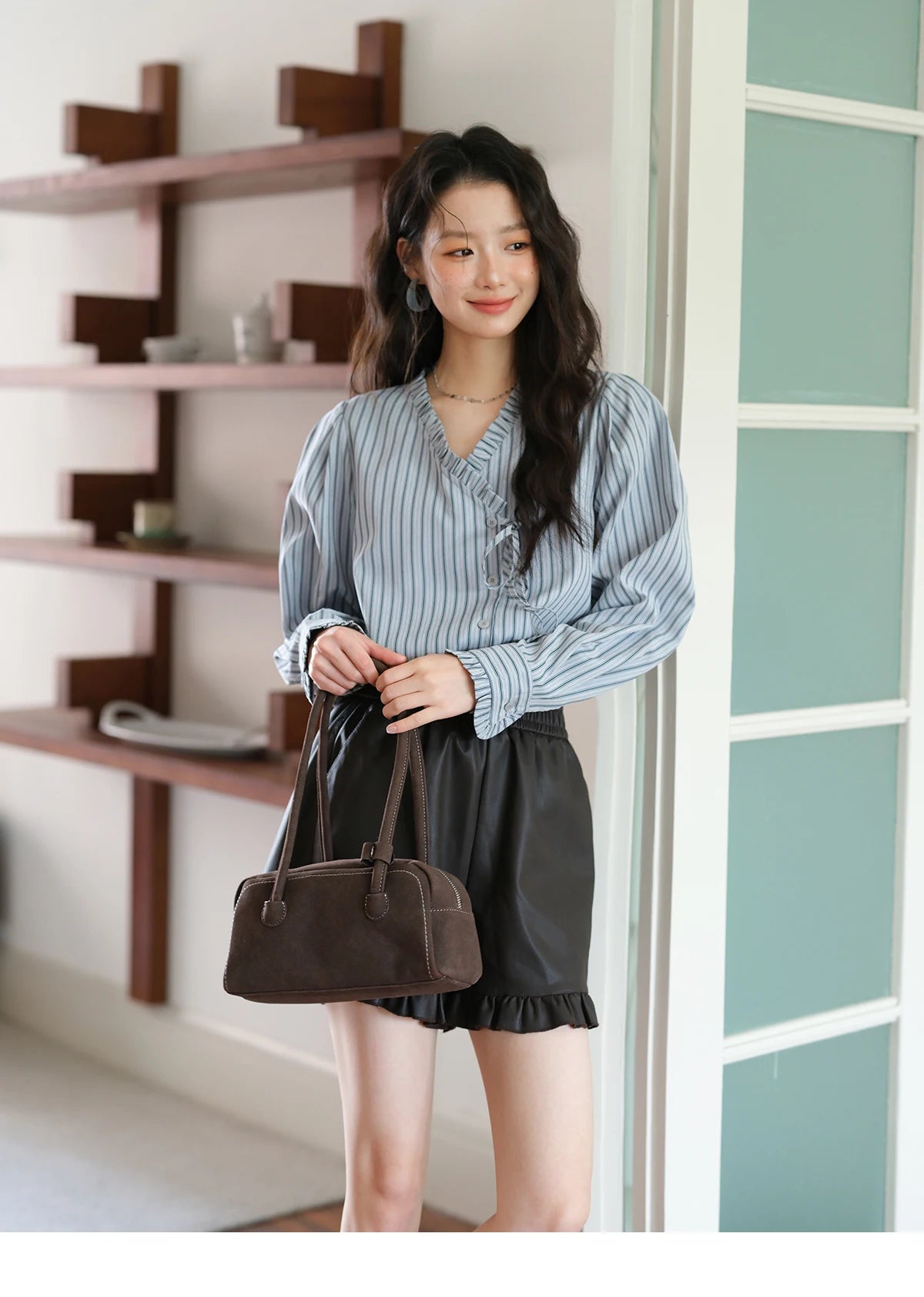 MISHOW Blue Striped Velvet Shirt V-Neck Asymmetrical Lace-Up MXE42X2472