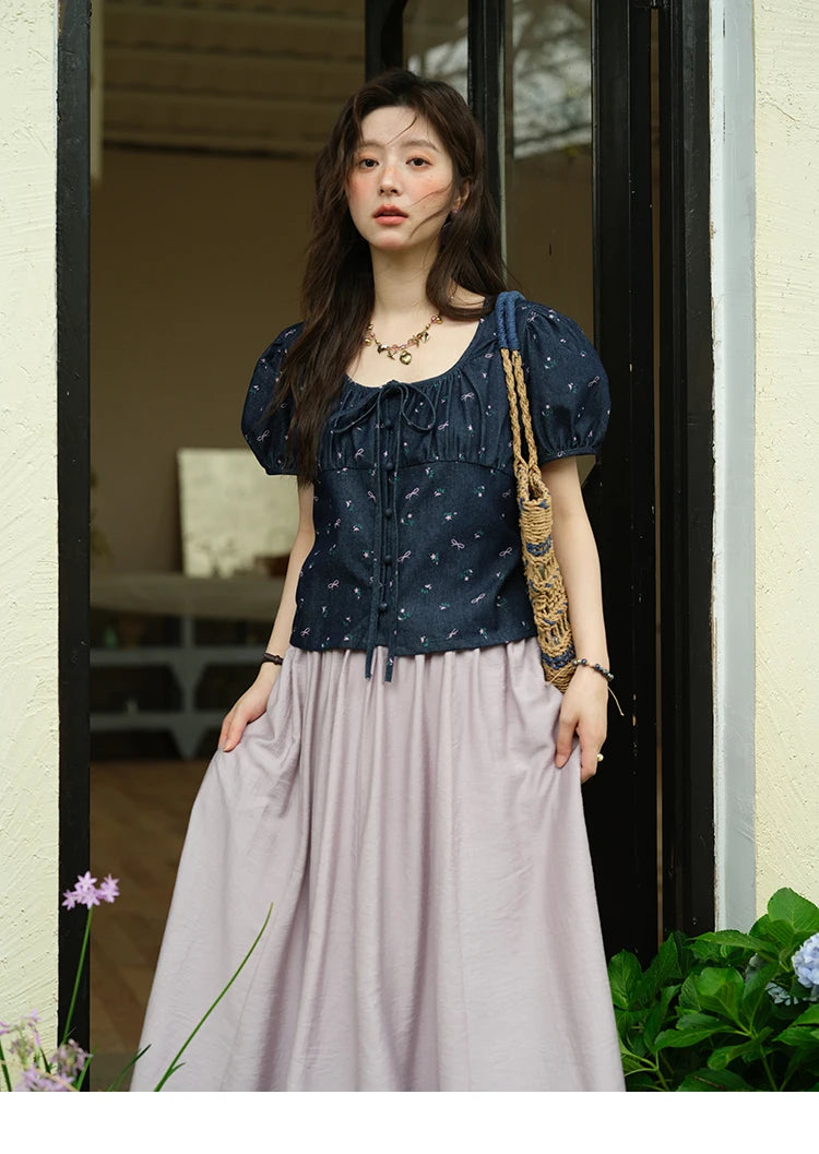 MISHOW Puff Sleeve Square Neck Blouse Lace Up Print Denim MXE39X1933