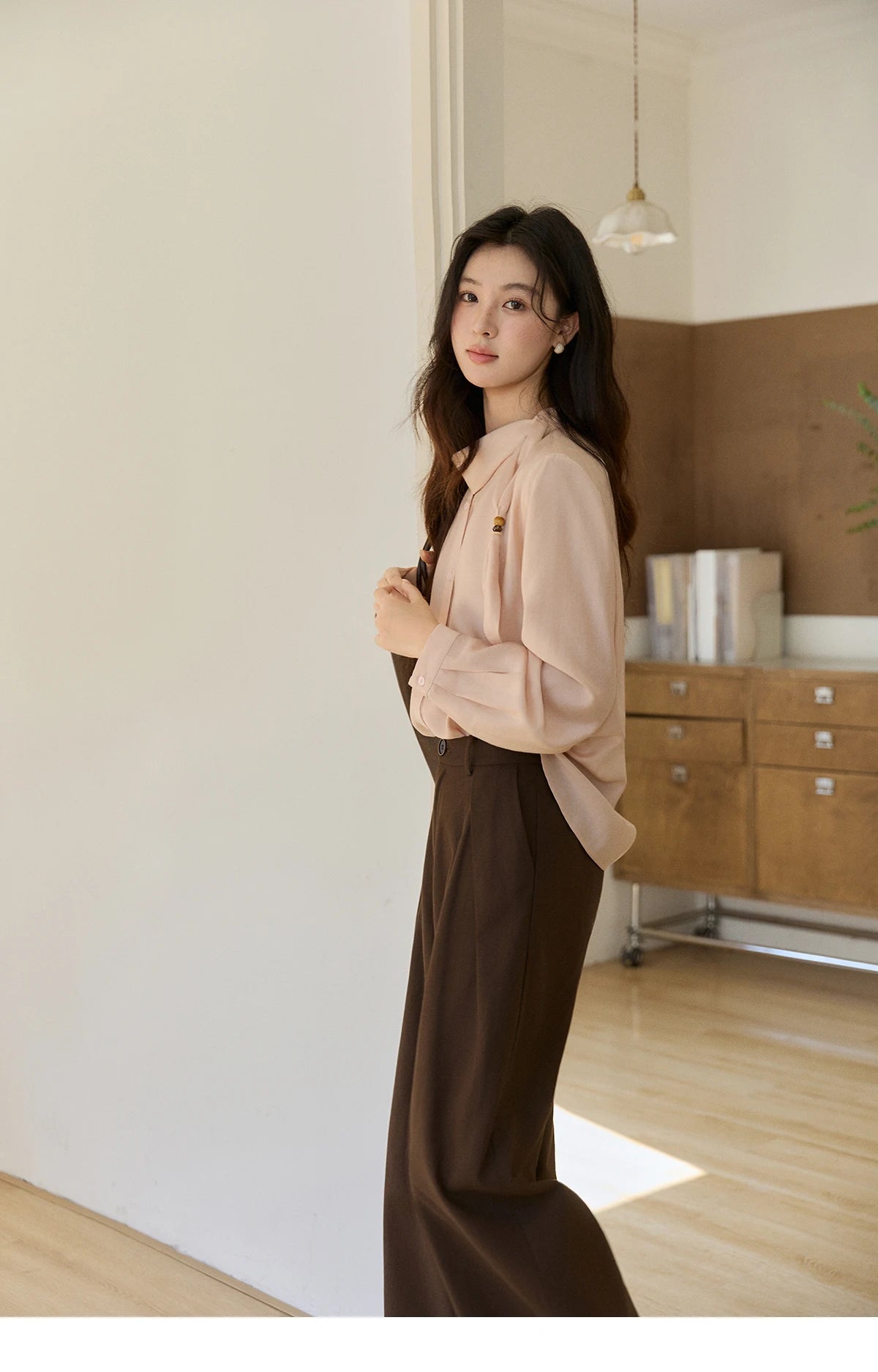 MISHOW Nude Pink Ribbon Stand Neck Shirt Button-Down MXE11X2547
