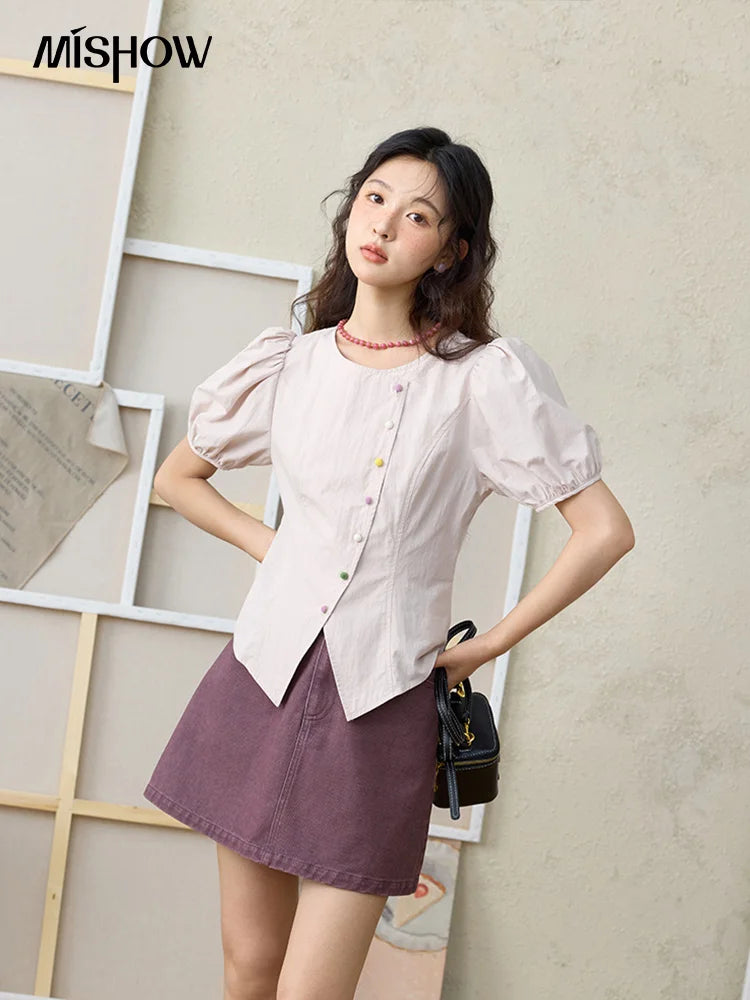 MISHOW Bubble Sleeve Blouse Irregular Placket Rainbow Buttons MXE34X1782