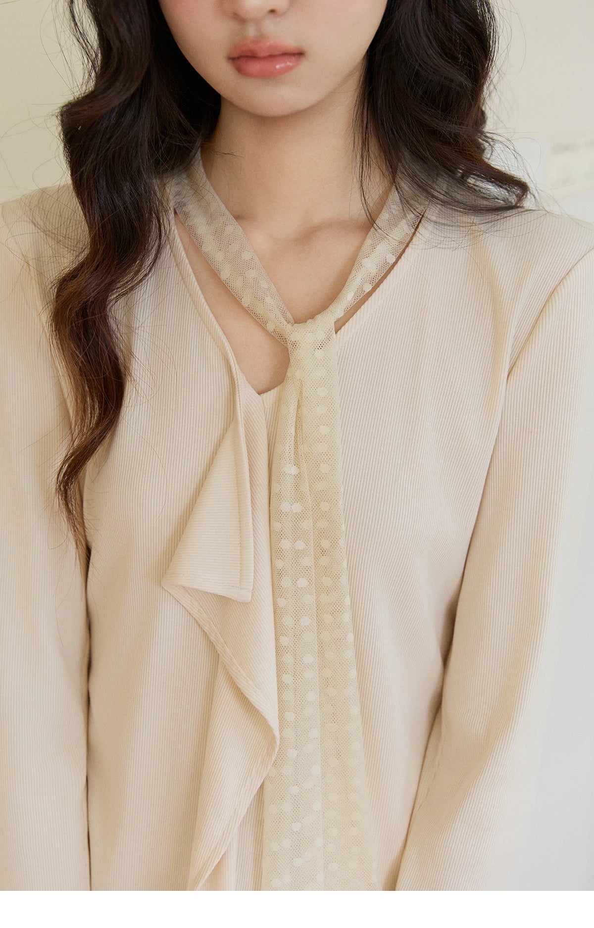 Mishow V-Neck Lace Ribbon Flare Sleeve Top MXF108Z1016