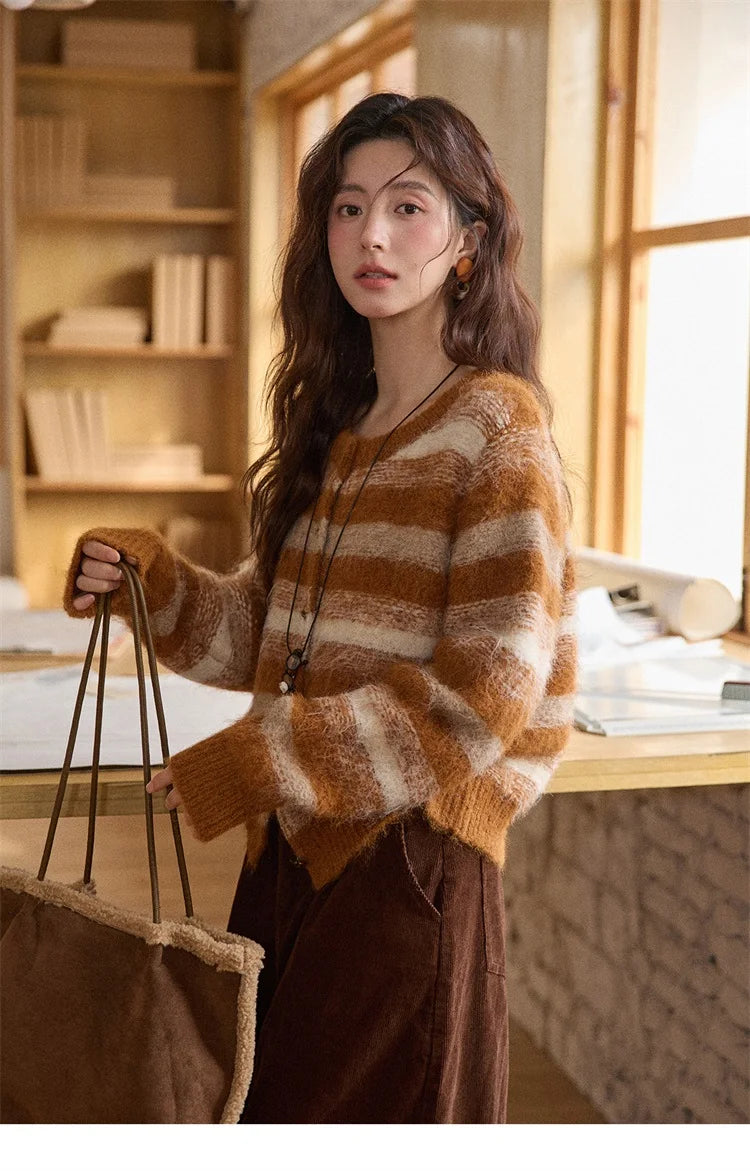 Mishow Retro Striped Round Neck Wool Cardigan MXE87Z2723