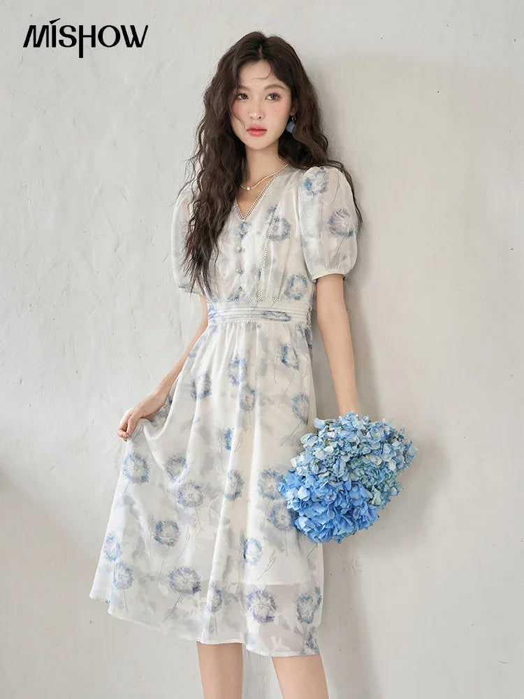Mishow Taraxacum Print V-Neck Puff Sleeve Dress MXC39L1555