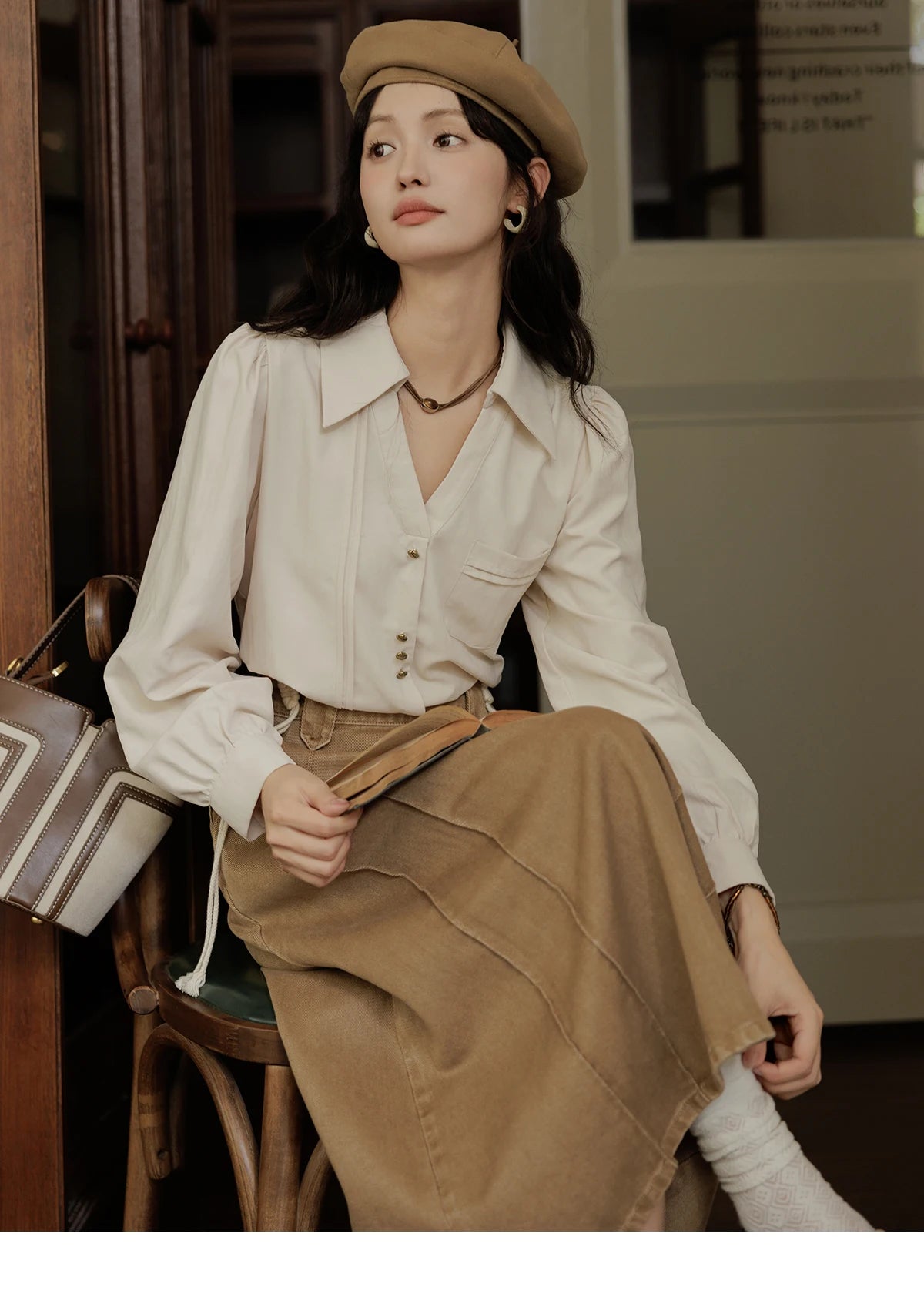 MISHOW French Lapel V-Neck Shirt Retro Button Pockets MXD43C0306