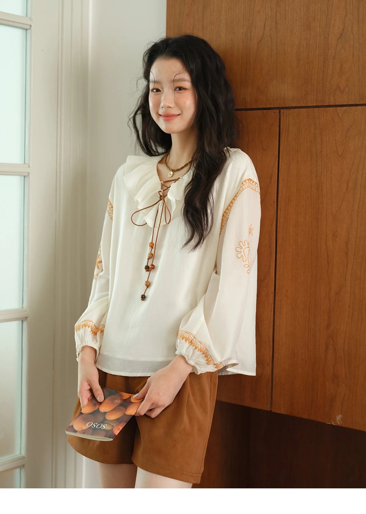 MISHOW Embroidered Blouse Ruffle V-Neck Lace Up MXE43X1987