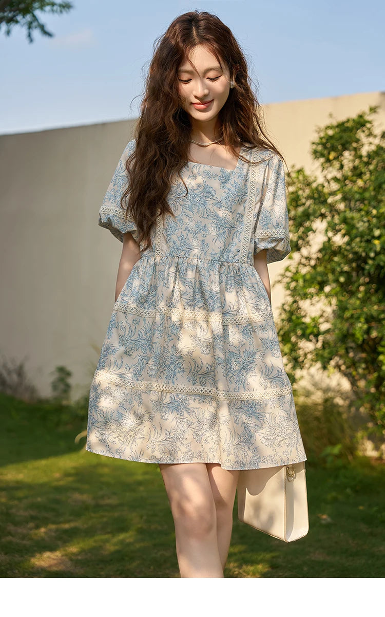 Mishow Square Collar Blue Floral Puff Sleeve Dress MXC38L1520