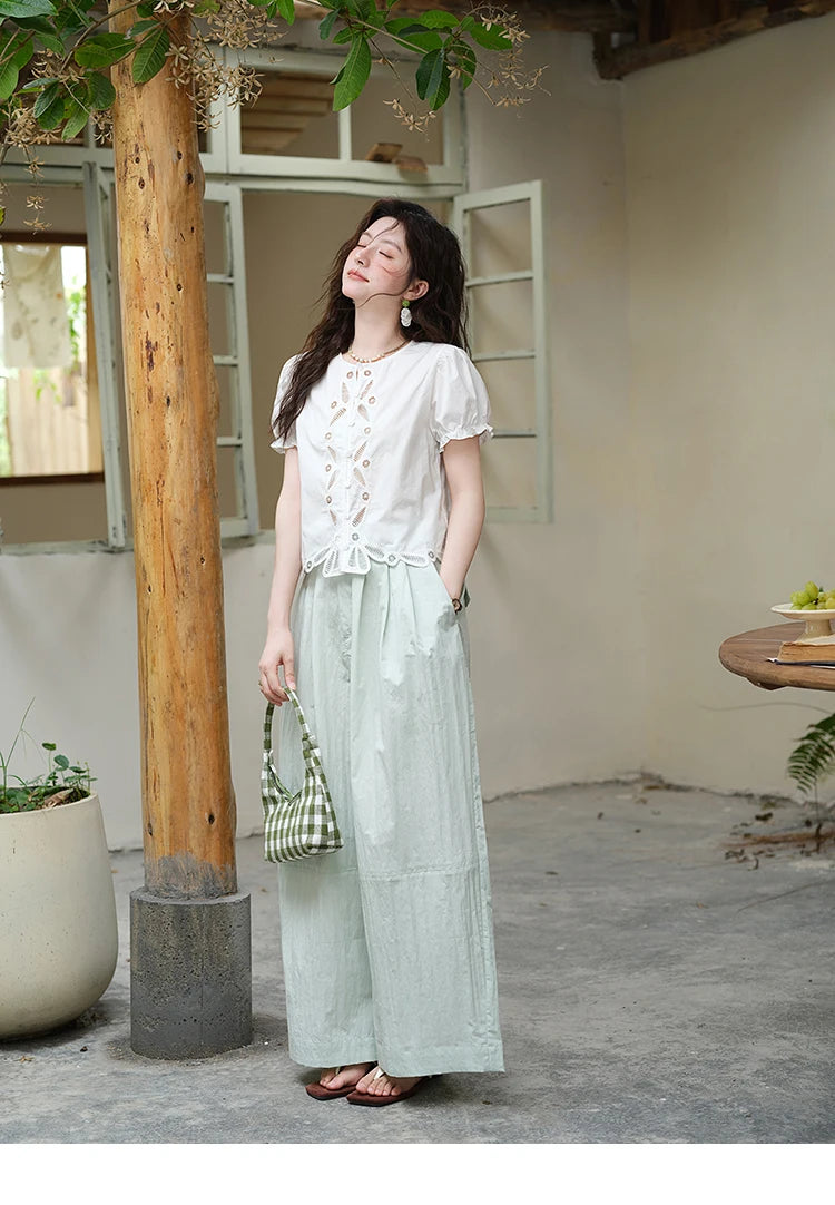 MISHOW 100% Cotton Hollow Embroidery Round Neck Puff Sleeve MXE39X1938