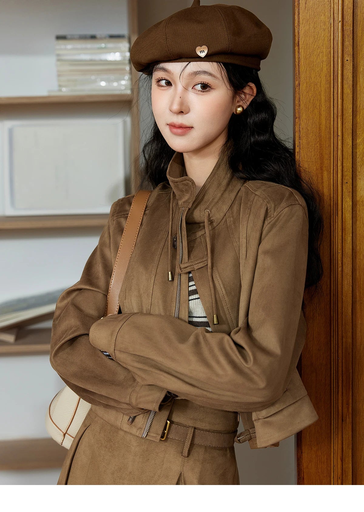 Mishow Retro Suede Stand Collar Jacket & Pleated Skirt Set MXD44W0423