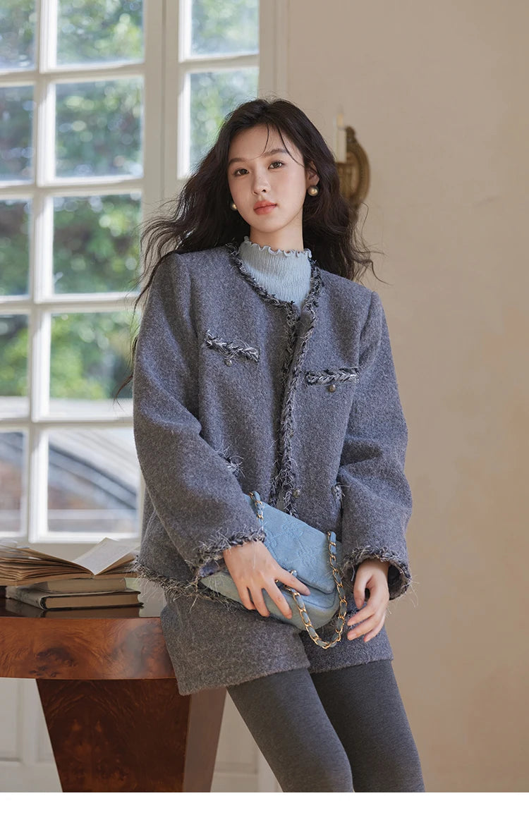 Mishow Plaid Tweed Jacket & Solid Shorts Set MXD35W0489