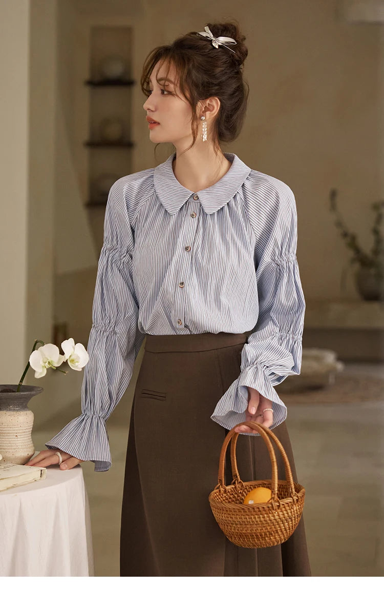 MISHOW Blue Stripe Shirt Bubble Sleeves Doll Neck MXD12C0163