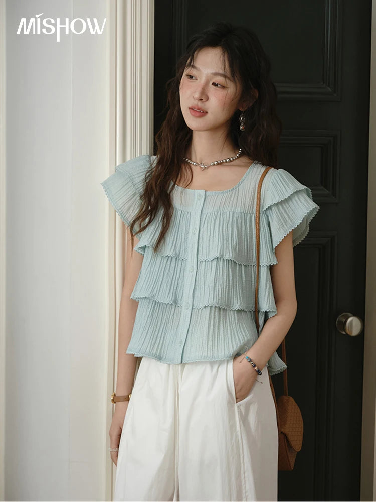 MISHOW Butterfly Sleeve Chiffon Shirt Square Neck Button MXD30X1488