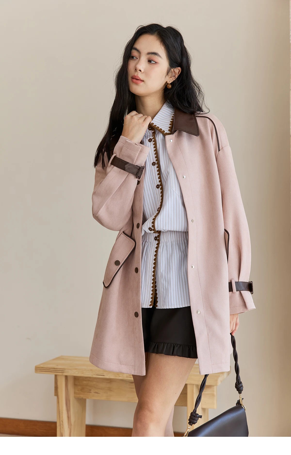 MISHOW Pink Mid-Length Jacket Turn-Down Collar Button Spliced MXE45W0845