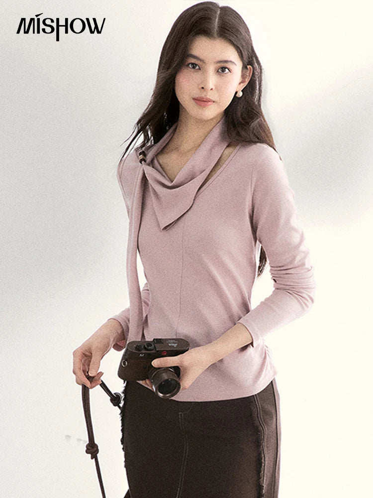 Mishow Pink Scarf Neck Color Collision Bead Top MXF108Z1025