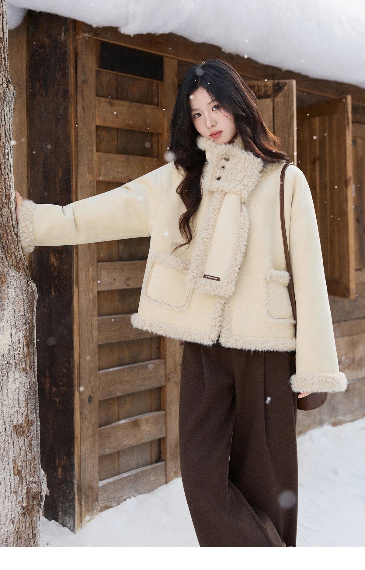 Mishow Cream Yellow Faux Suede Coat with Matching Scarf MXE91W1019