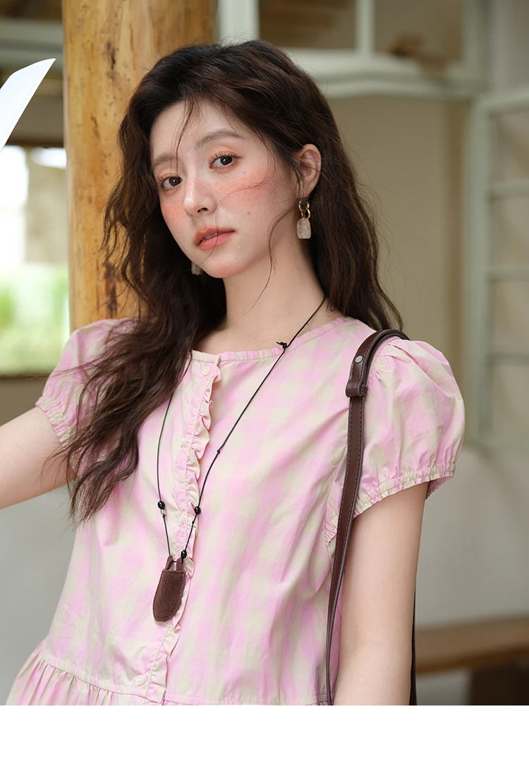 MISHOW Pink Plaid Puff Sleeve Shirt O-Neck Button MXE39X1932