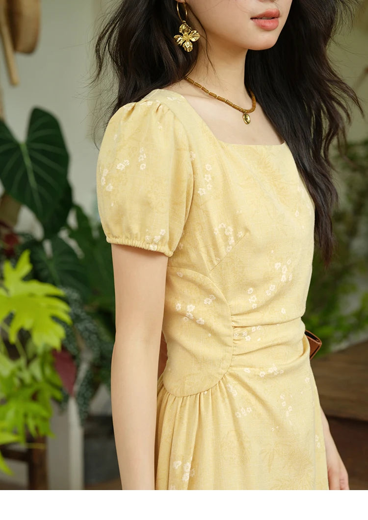 Mishow Square Neck Puff Sleeve Bamboo Jacquard Dress MXE39L2415