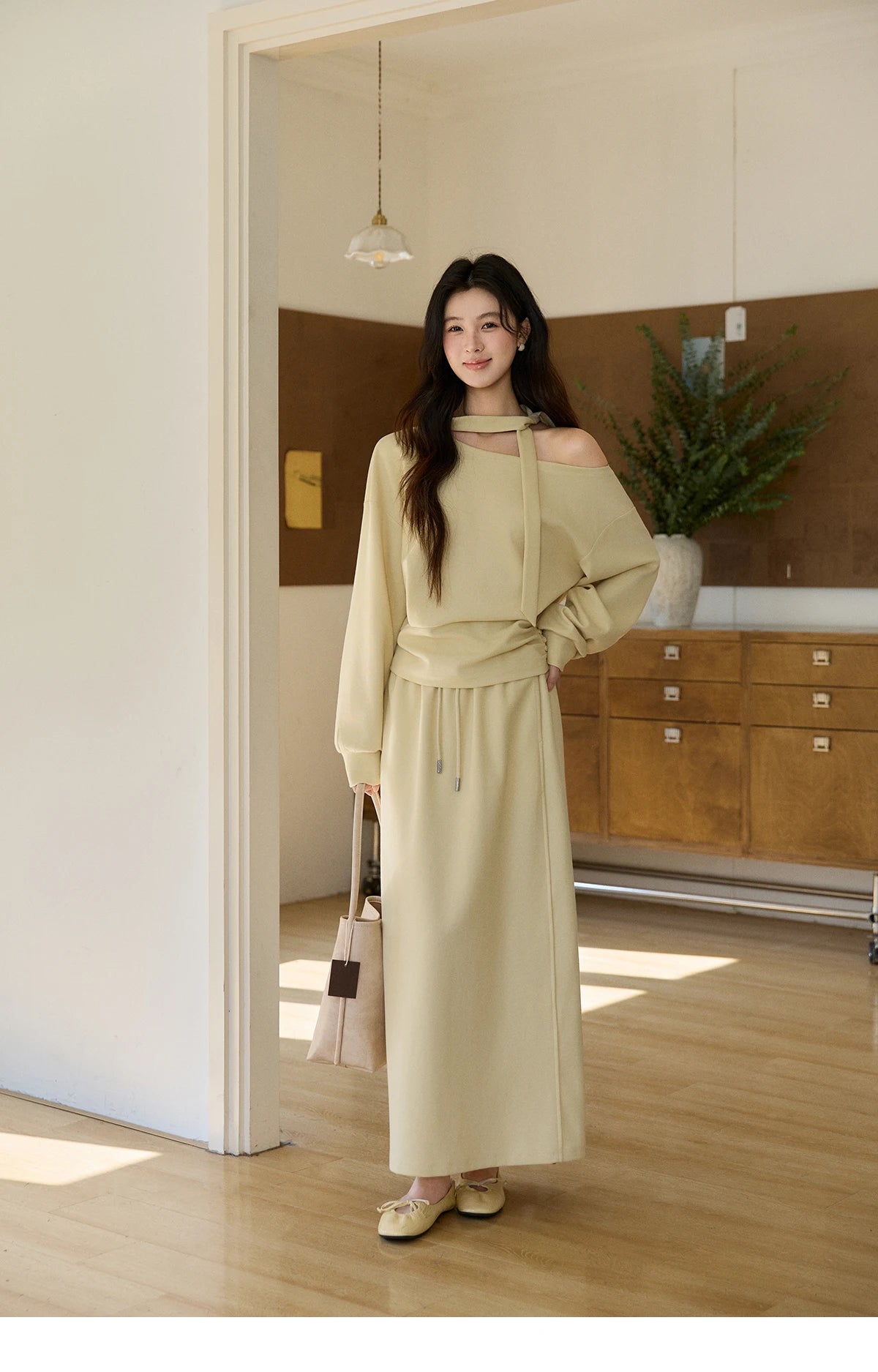 Mishow Light Yellow Off-Shoulder Top & Rear Fork Midi Skirt Set MXE11T1489