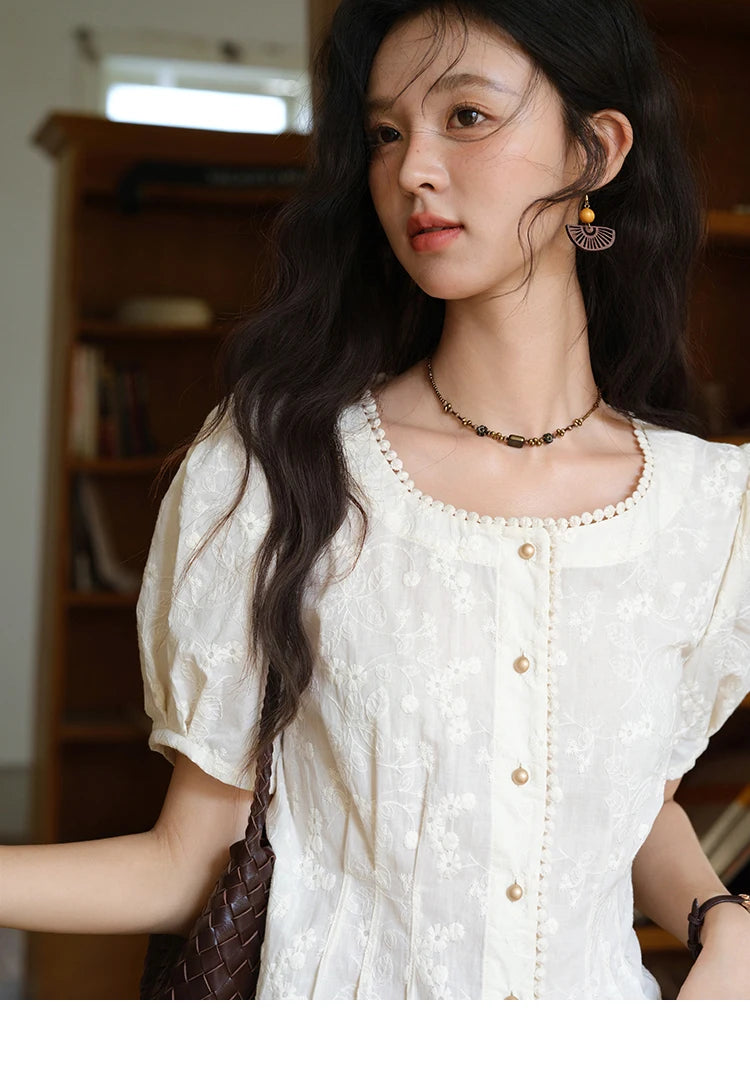 MISHOW Embroidery Cotton Shirt Puff Sleeve Button MXE39X1979