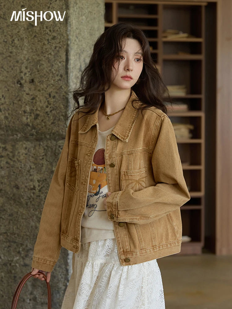MISHOW Light Brown Denim Jacket Embroidered Pockets Dropped Sleeve MXE41W0795