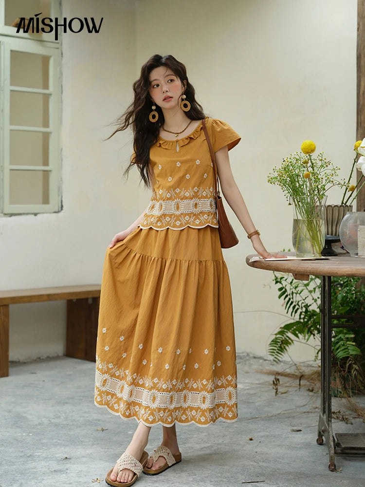 Mishow French Lace Embroidery Blouse & A-Line Skirt Set MXE39T0645